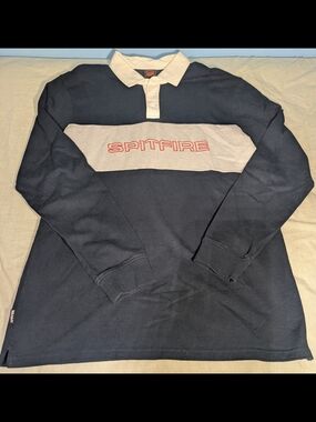Spitfire Navy and White Long-Sleeve Rugby Shirt with Red Logo